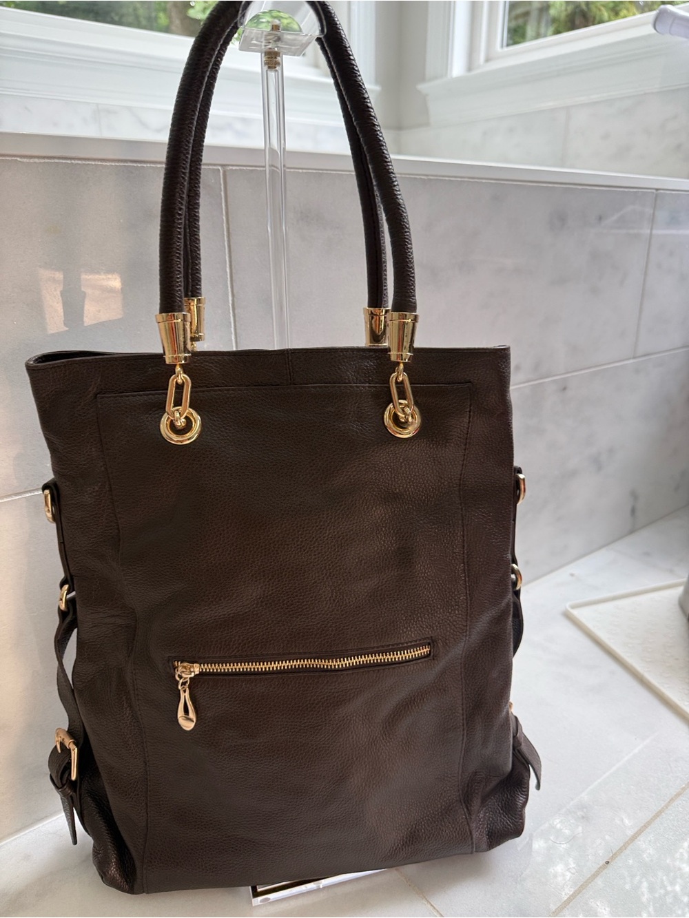 Erica Anenberg Classic Dark Brown Leather Tote with Gold HW